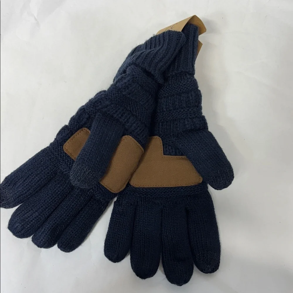 C.C navy  Knit smart tips touch screen compatible winter leather palm Gloves